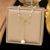 Gold bowknot pearl pendant stainless steel necklace