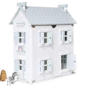 Best-Selling Mini Wooden Northern Europe Doll House Blue Double Door Half-open Design Villas Educational Learning Toys for Kids