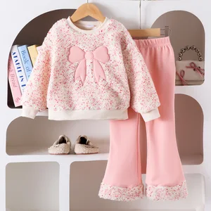 2026 Spring Autumn Girls Children Clothing Set Bows Polka Dot Hoodie Patchwork Flared Pants 2 Pieces Wholesale Kids Wear