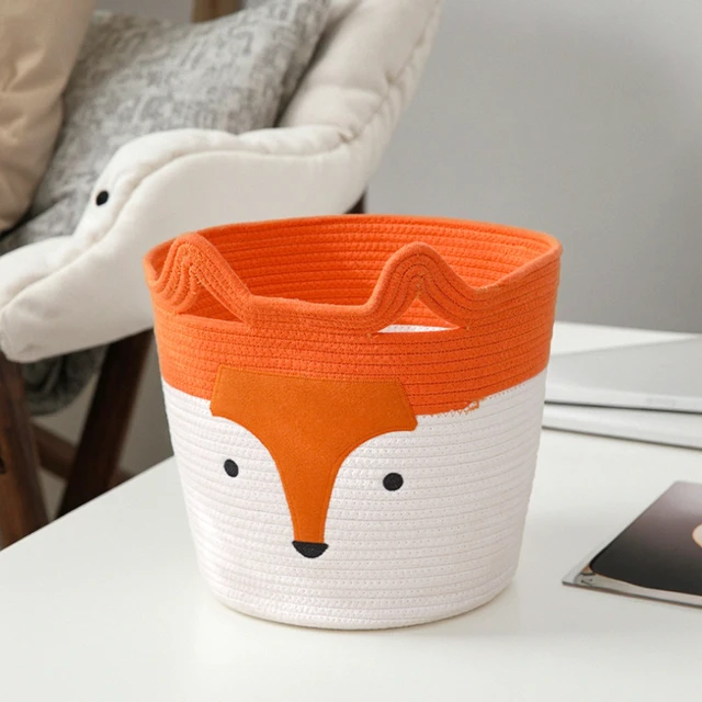 Modern Home Storage Basket with Fox Design Cotton Rope Woven Cylinder Shape for Sundries Stationery or Clothes