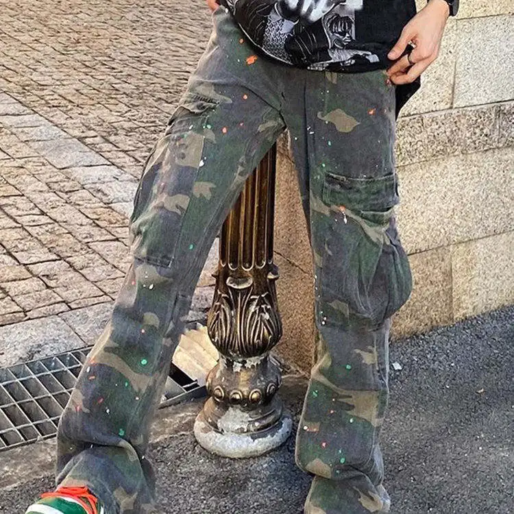 Men's Custom Printing Straight Leg Camo Cargo Pants Lightweight Mid Waist Elastic Closure Casual Oversize Style