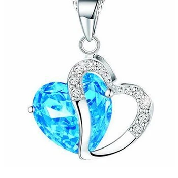 Fashion Women Charm Jewelry Silver Zircon Crystal Rhinestone Blue Heart Shape Multicolor Pendant Necklaces For Women
