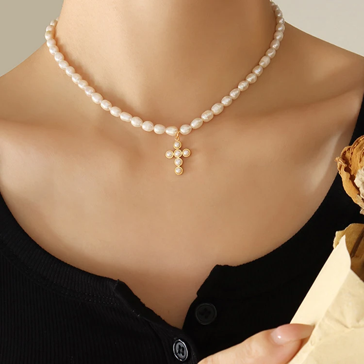 Stainless Steel Baroque Style Cross Necklace Beaded Natural Freshwater