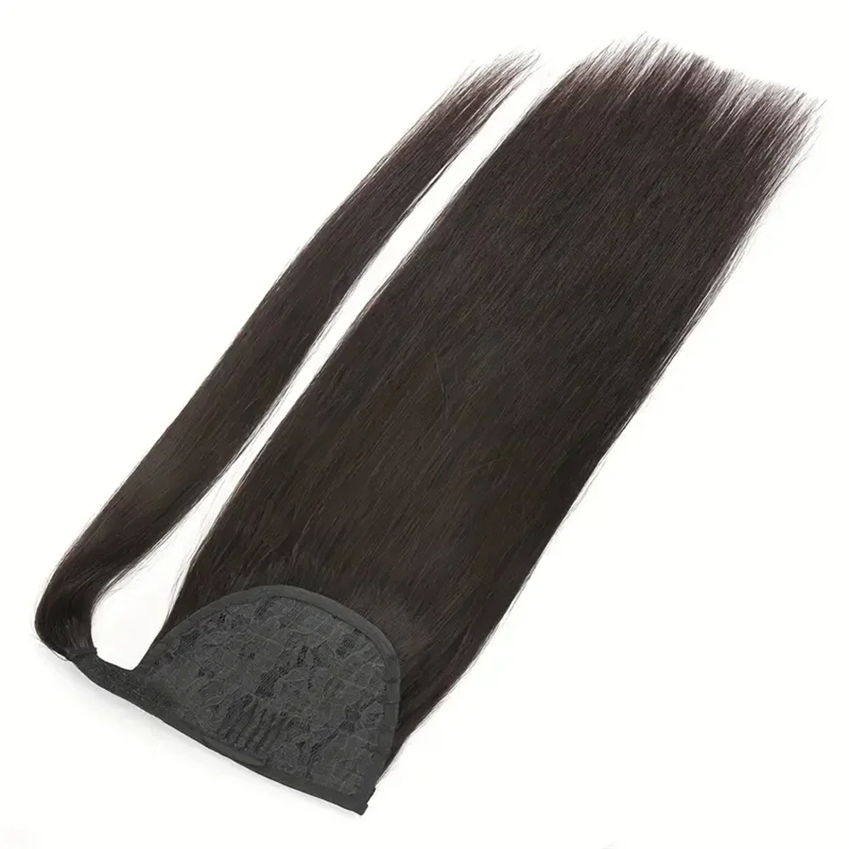 Queue de cheval lisse brésilienne Remy de 8 à 32 pouces avec clip magique enroulé autour de la queue de cheval en couleur noire naturelle_voghion.com