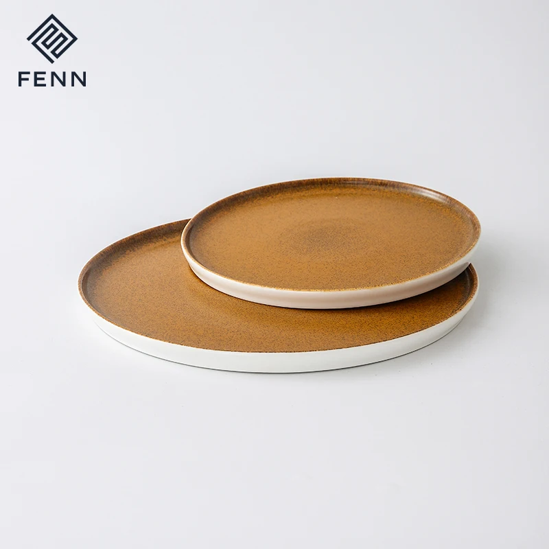 FENN Rustic Unique Reactive Golden Restaurant Dinner Plates High Straight Edge Round Steak Plate Hotel Used Ceramic Plate Set