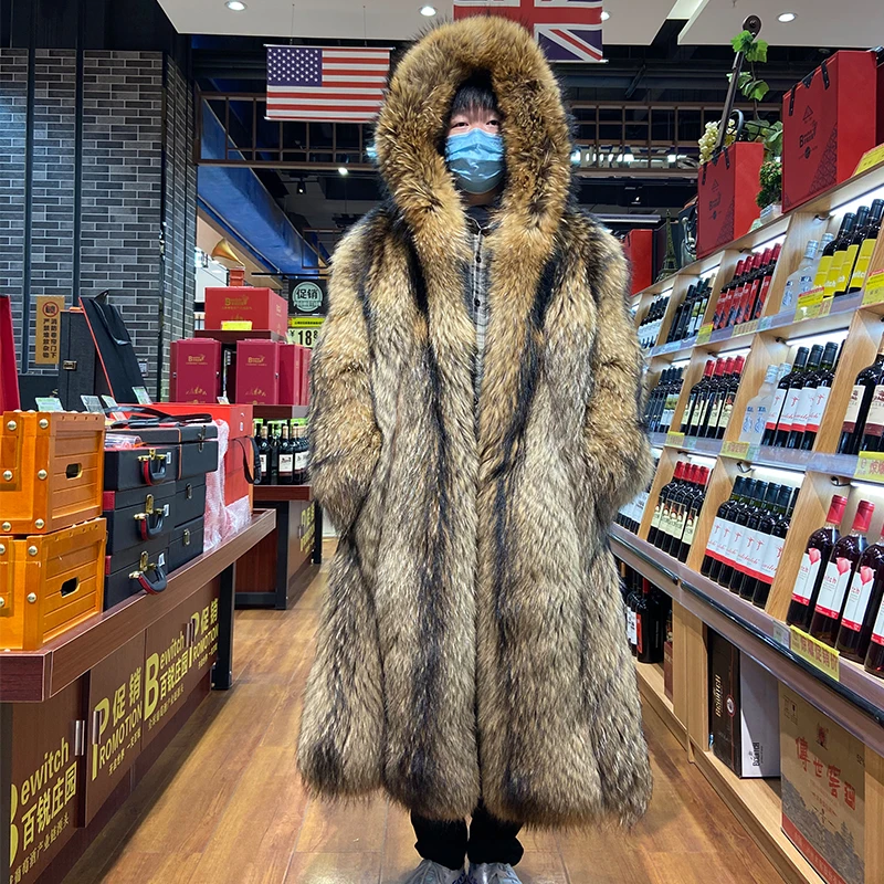 2022 Cold Winter Natural Brown Thick Fur Skin Raccoon Fur Coat Plus Size  Style Real Raccoon Fur Oversize Trench Jacket - Main Image