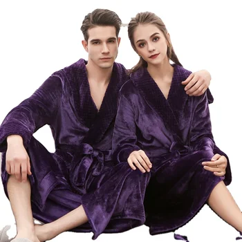 Fall Winter Flannel Nightgown Long Plus Size Thickening Men And Women Couple Pajamas Bathrobe