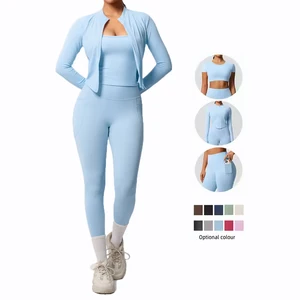 Three-Piece Lightweight Breathable Yoga Set Zipper Long-Sleeved Jacket with Pocket Short & Long Sleeved Sports Pants