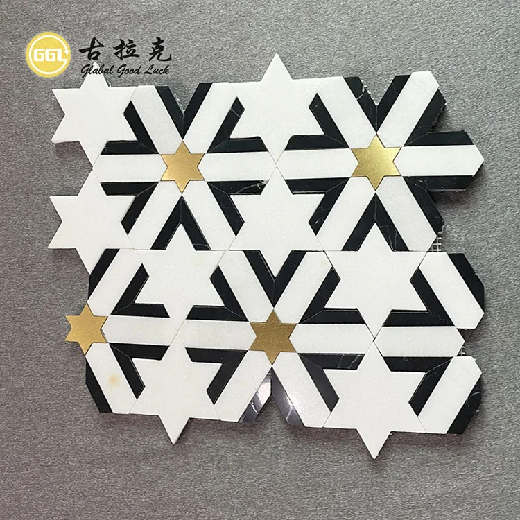 Hot Selling White Mosaic Star Shape Marble Tile Inlay Brass Stone Black Wall Floor Mosaic Tile details