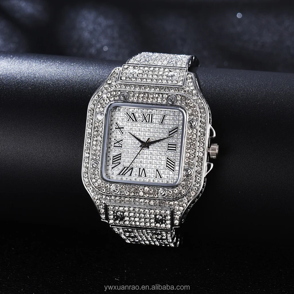 TW9015 Luxury Full Diamond Around Rome Dial Iced out Lady Watch Quartz Steel Square Women Watches Jewelry Accessories