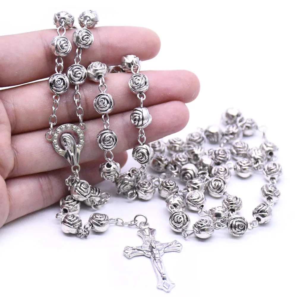 8mm Cross Alloy Flower Necklace Religious Rosary