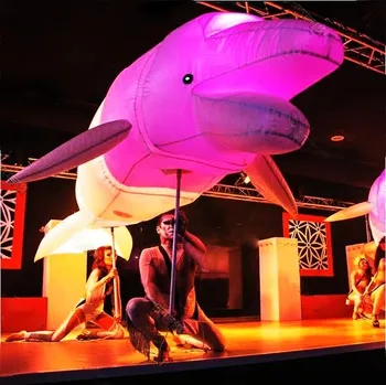 LED Light Walking Inflatable pink Dolphin Puppet Handheld Sea Animals Inflatable Dolphin Balloons for Carnival Parade Show