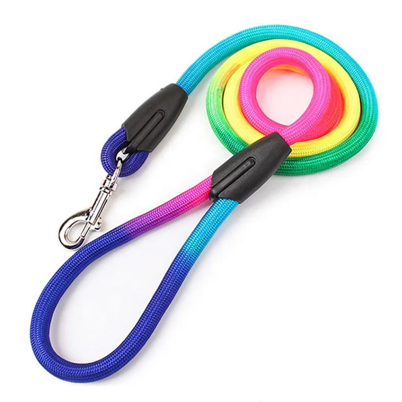 Rainbow Gradient Color Hands-Free Dog Leash Cotton and Nylon Pet Lead with Ribbon Decorations Solid Pattern Climbing Rope