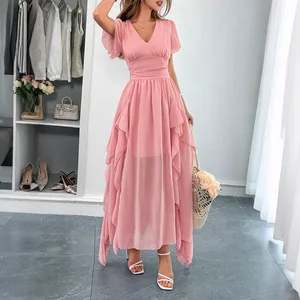 2025 New Women's Clothing Vacation Style Short-Sleeve Waist-Cinching Leisure Dress Solid Color Versatile Women's Dress