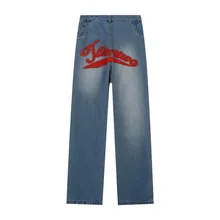 Custom Flock Letter&Pattern Embroidery Men Washed Straight Leg Fit Jeans