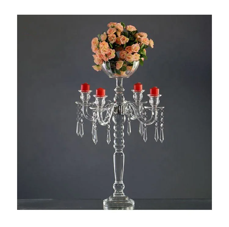 Nouveau design 5 branches Poignée longue Verre transparent Suspension cristal pour décoration intérieure, mariage, fêtes Bougie à suspension cristal
