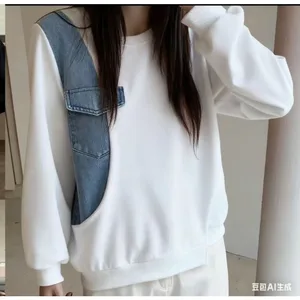 Wholesale autumn 2026 new fashion casual denim splicing sweater women's loose Hong Kong style round neck women's  Hoodies