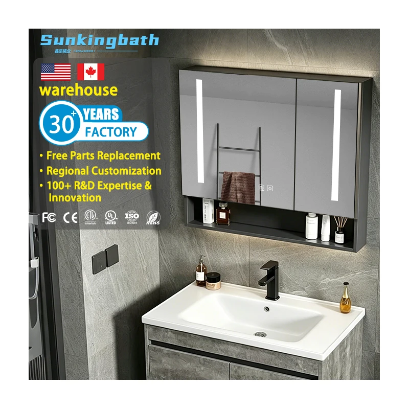 Light Luxury Aluminum Bathroom Cabinet Hotel Modern Bathroom Make up Led Mirror Double Door Mirror Cabinet for Apartment