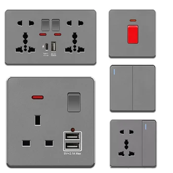 wall light switch Uk standard 13A wall Switched 3 pin socket with neon light  grey frosted Pc panel  Maldives wall socket Malta