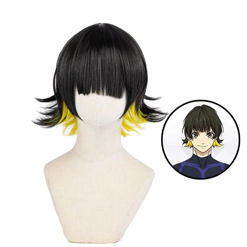Cosplay Synthetic Party Heat Resistant Hair Wig Wholesale 14'' Short Black Yellow Mixed Blue Lock Anime Bachira Meguru Wig