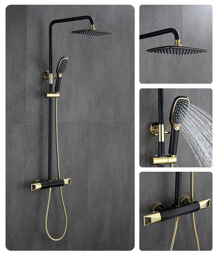 Grifos para baño y ducha de caída de lluvia fría y caliente expuestos montados en la pared de oro cepillado Juegos de sistemas de ducha