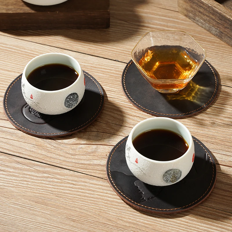 Высокое качество заказное лого бизнес-подарок из кожи с натуральным лицевым покрытием, наборы подставок из журнальный столик коврик циновка чашки Раэль теплые подставки