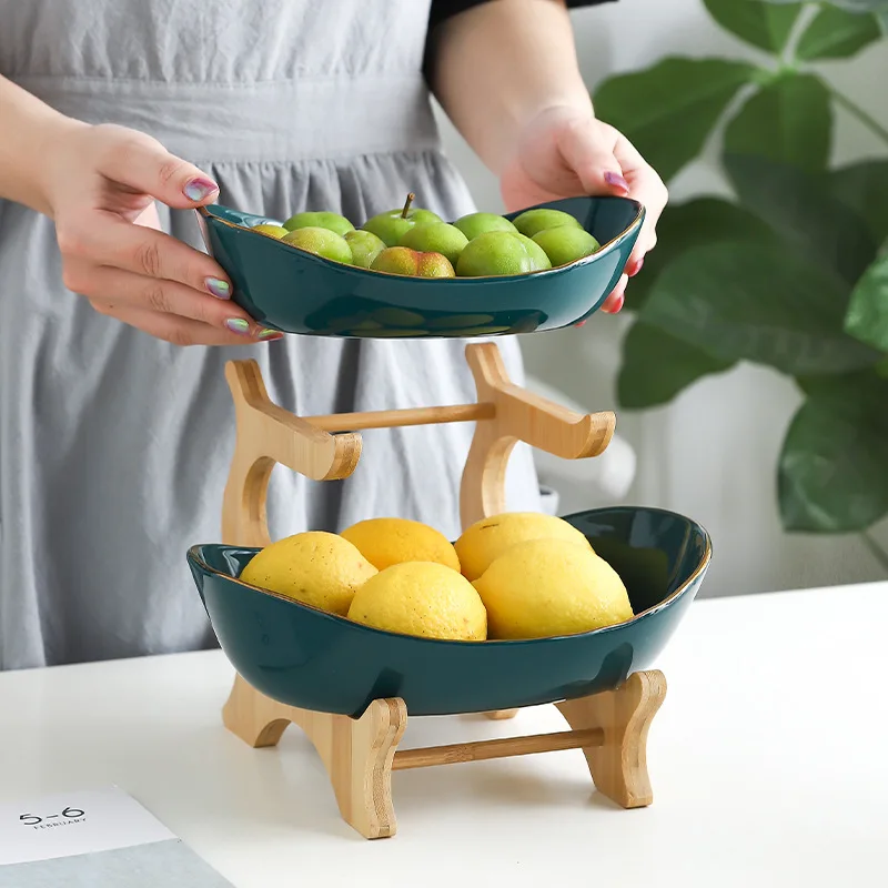 Tier Ceramic Fruit Bowl with Bamboo Wood Stand for Kitchen