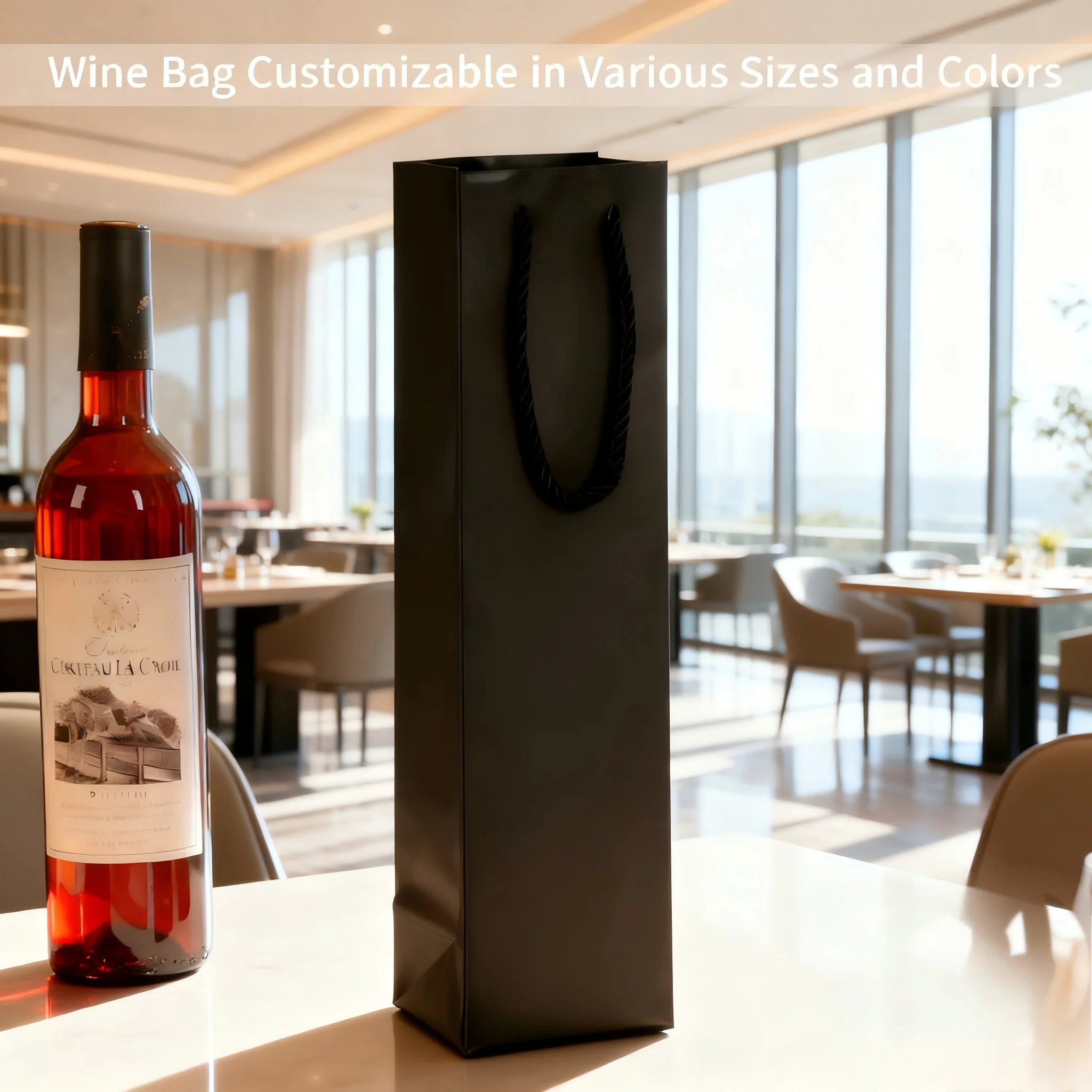 Reusable portable black cardboard paper bag with handle - logo customized, ideal as wine beverage gift bag & black shipping bag