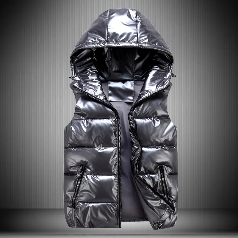Winter Sleeveless Glossy Puffer Vest Jacket Custom logo Waterproof Shiny  Bubble Men's Vests With Hoodie