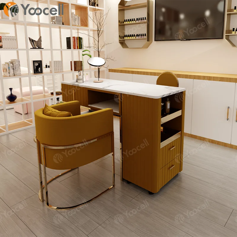 Yoocell горячая Распродажа цветной стол для маникюра стол для ногтей двусторонний мраморный эффект для ногтей настольный стол и стул набор