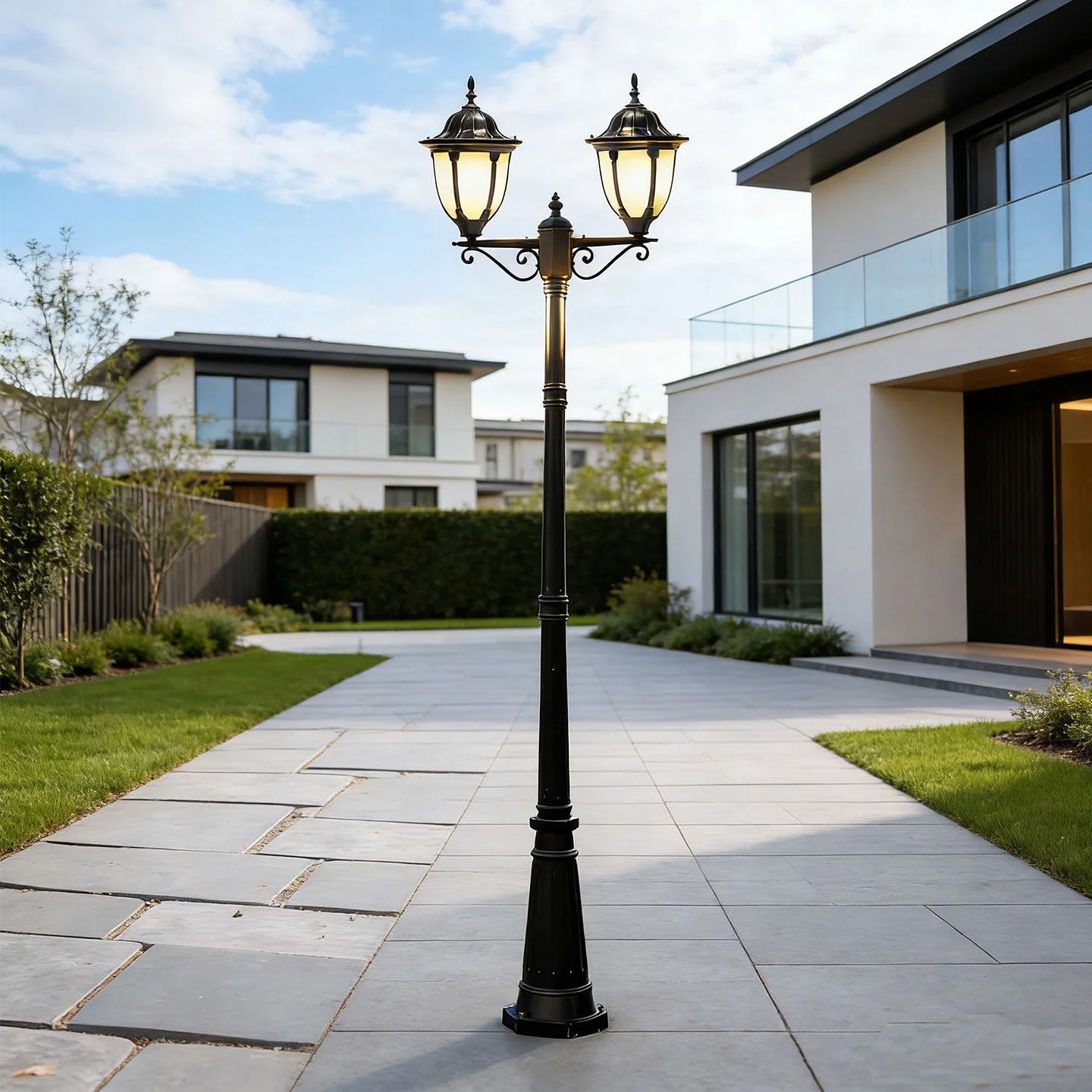 European-style Vintage Double-Headed Courtyard Lamp with Glass Shade Black Metal Standing Garden LED Lighting