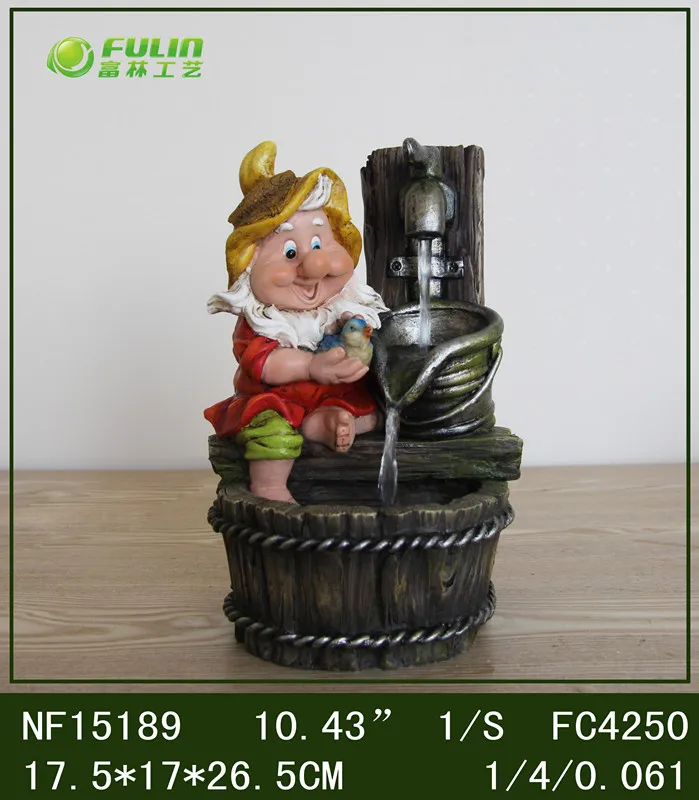 Small Resin Crafts Gnome Dwarf Statue Decorative Home Waterfall Fountain with Playing Feather