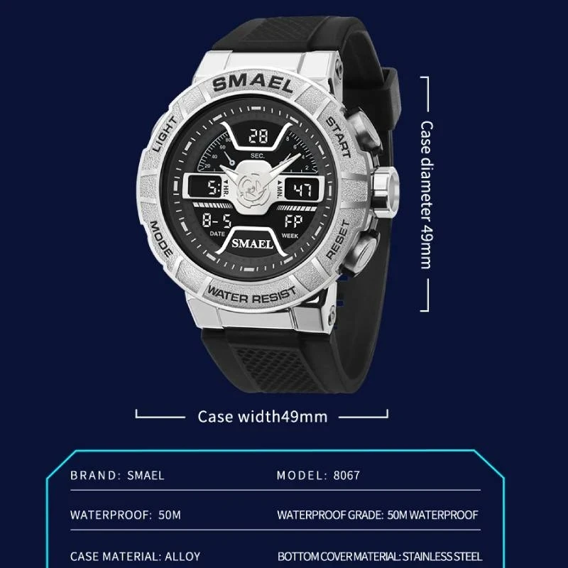 SMAEL 8067 New Style High Quality Men Digital Watch Stylish Silicone Strap Water Proof Luminous Sports Running Wrist Watch