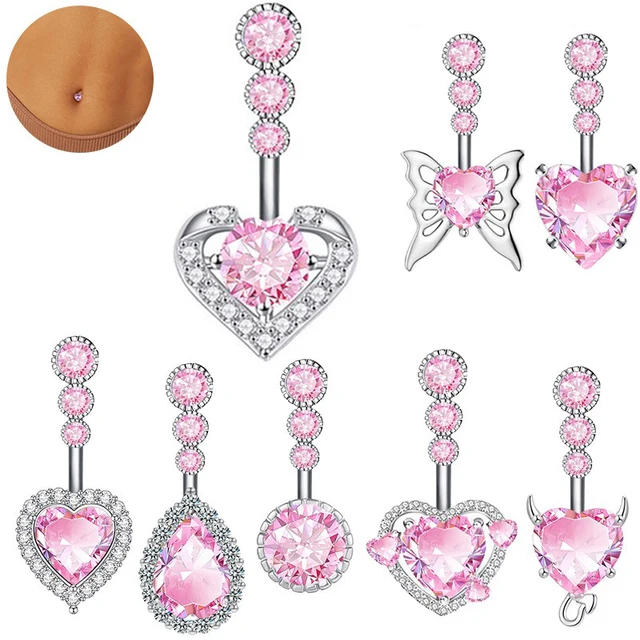 Explosive pink double peach heart navel nail stainless steel navel ring butterfly navel nail puncture jewelry wholesale