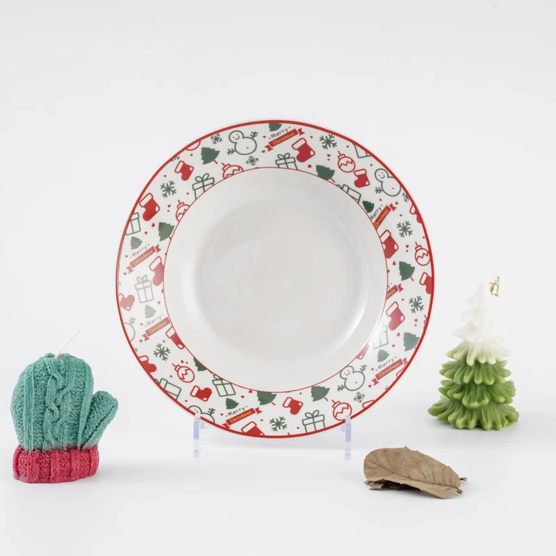 Eco-friendly Christmas Design Ceramic Dinnerware Set Customizable Porcelain Plate Set for Hotels