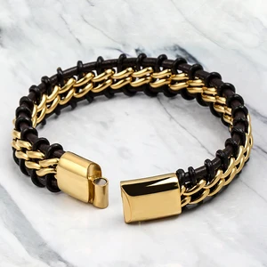 18K Yellow Gold Plated Custom Engrave Logo Extension Buckle Stainless Steel Braided Leather Wrap Woven Bracelet