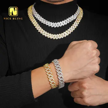18K gold plated factory price 15mm cuban link chains men fashion brass jewelry 5a cz diamond cuban chain pendant necklaces