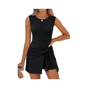 Summer Sleeveless Bodycon Dress Built-In Shorts Solid Romper Skort for Casual Night Vacation Wear Tie Cinched Natural Waist