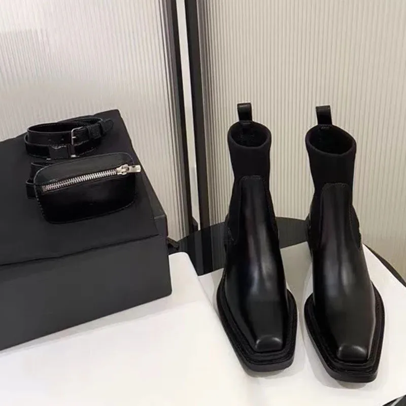 Female Chunky Heel Fashion Black Short Boot With Adjustable Strap And Pocket Square Toe Women Ankle Boots - Image 3