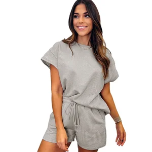 Wholesale Women's Loose Casual Summer Solid Color O-Neck Short Sleeve Above Knee 2-Piece Eco-Friendly Breathable Top Shorts Set