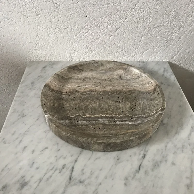 Серебристо-серый травертин лоток dia30x3cm с тонкими краями травертин круглый лоток
