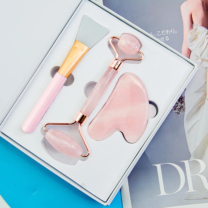 Amazon Hot Sales Skin Care Tools Custom 100% Natural Facial Massage Roller Rose Quartz Face Jade Roller Gua Sha Set With Box