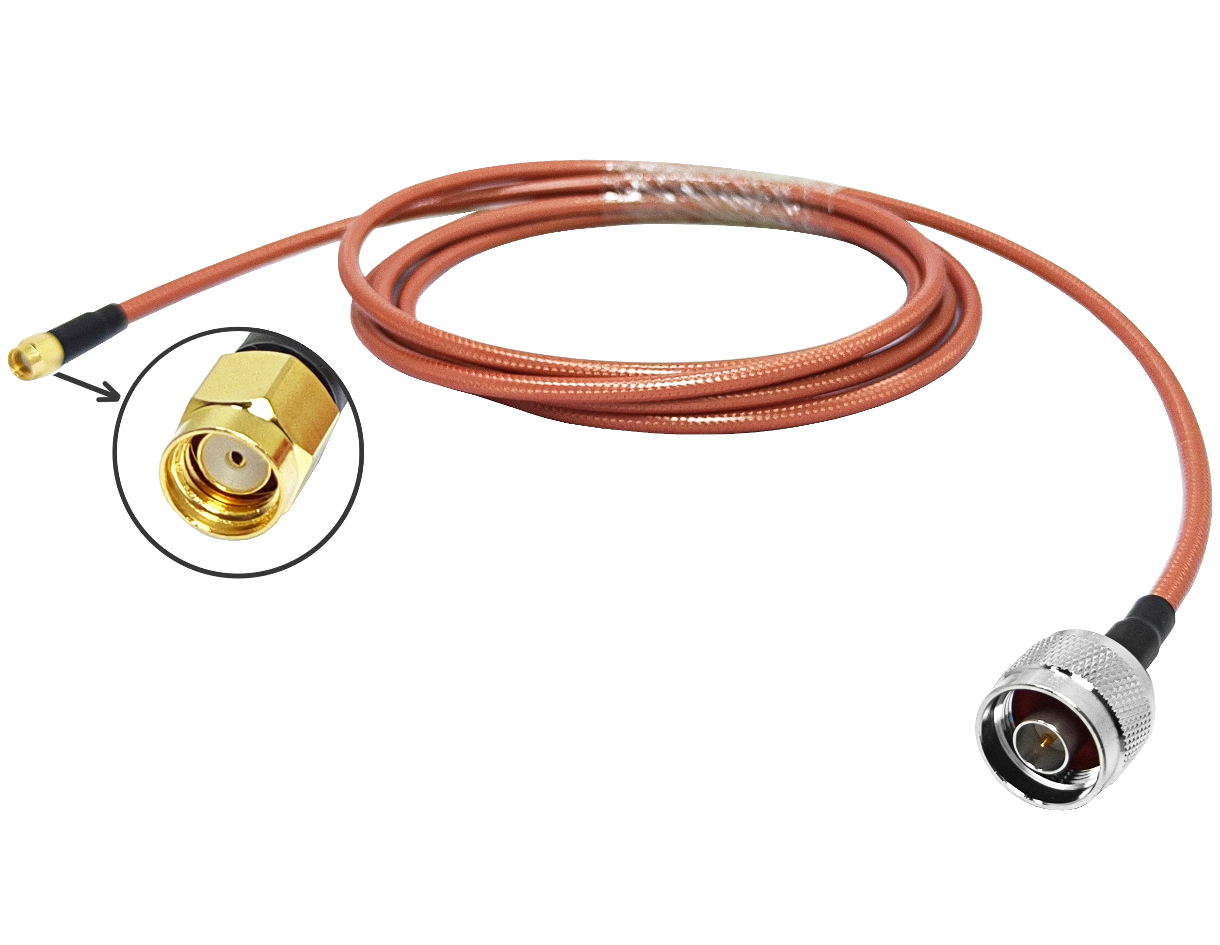 سلك وصل مخصّص حسب الطلب (ODM) مطلي بالذهب، موصل RF من النوع Crimp RPSMA ذكر إلى N ذكر، مخصص لتجميع الكابل المحوري RG400 وبطول ٢ متر