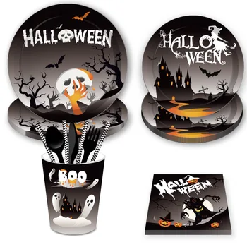 Huancai Halloween party supplies paper plates Cups napkins disposable tableware set for kids Halloween party decorations