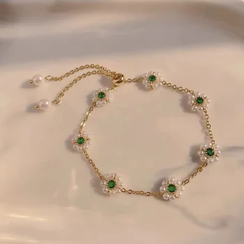 Green gemstone pearl bracelet female summer retro Hong Kong style jewelry fashion personality light luxury bridal bracelet