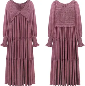 Women's Boho Style Casual Maxi Dress Chiffon Long Sleeves Empire Waist Layered Ruffles Solid Natural Waistline Woven Plain Dyed