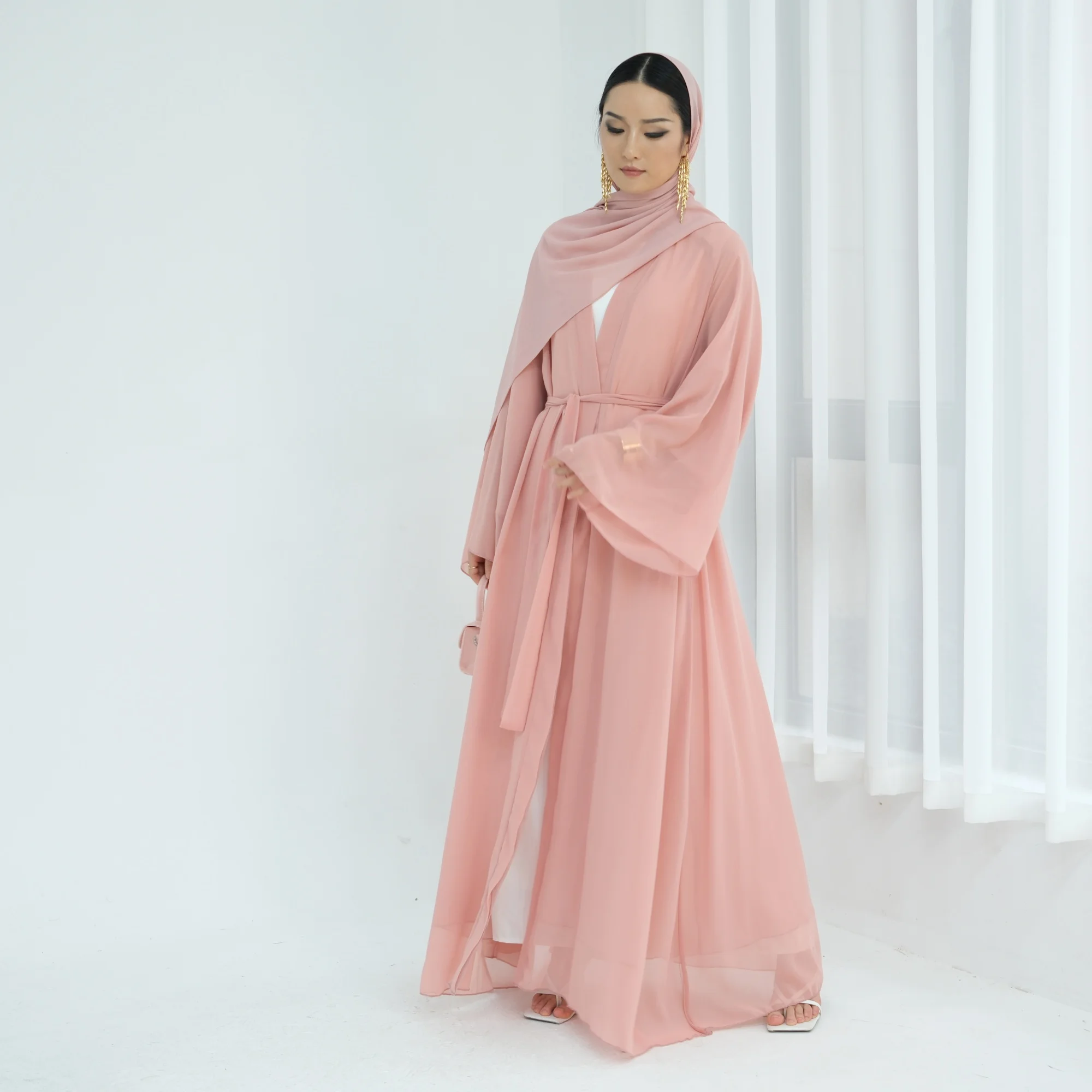 kimono dress abaya pink nearby Feather-Trimmed Kimono Robe Abaya(MOA293), Lotus / Free Size