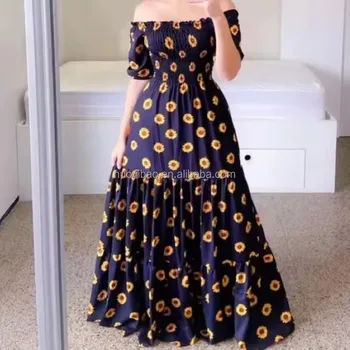 2024 Women's Summer Floral Print Flowy A Line Dresses Sleeveless Smocked Off Shoulder Maxi Dress