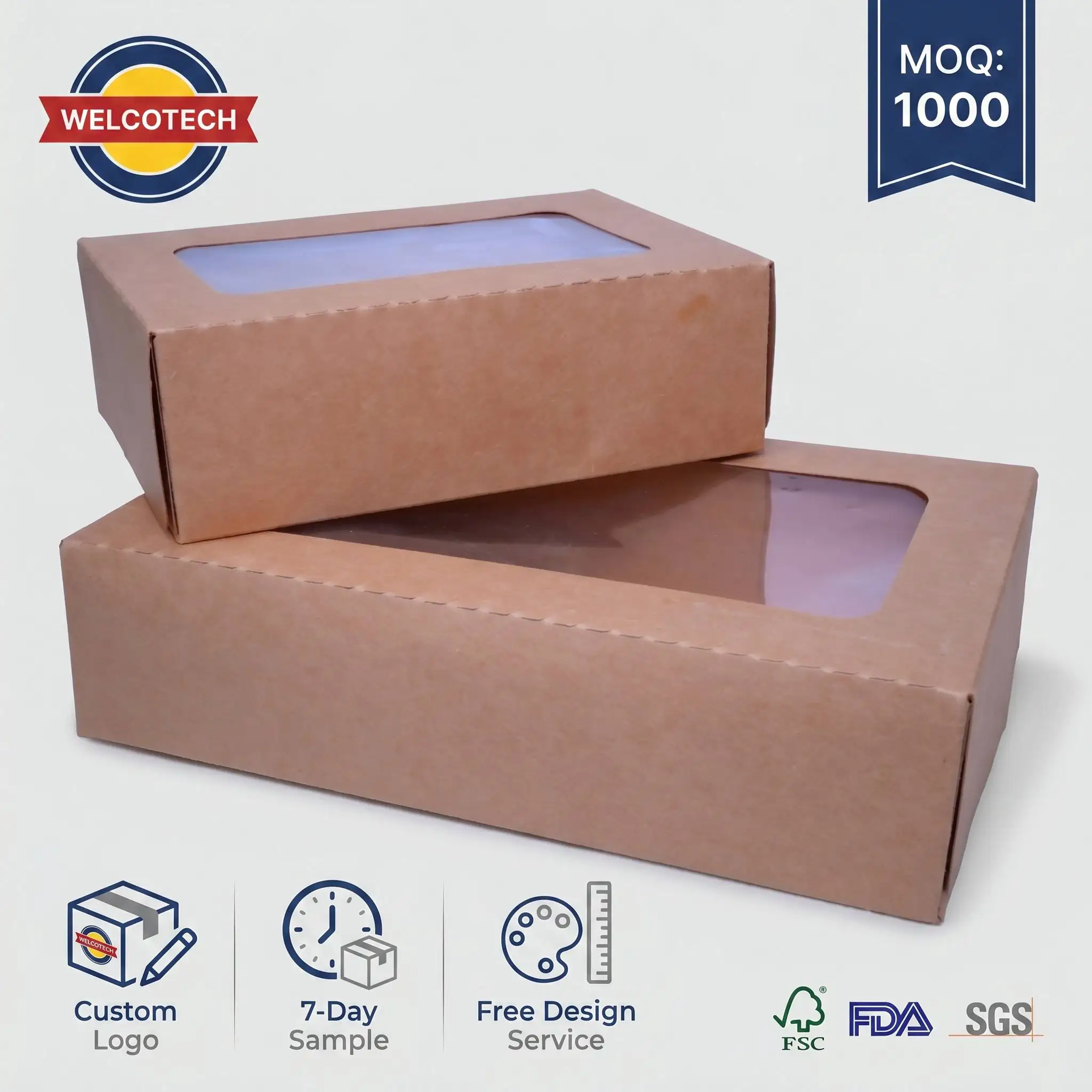 WELCOTECH Custom Kraft Paper Box with Window Lid Food Grade Packaging Box for Cake Cheese Bakery Bre