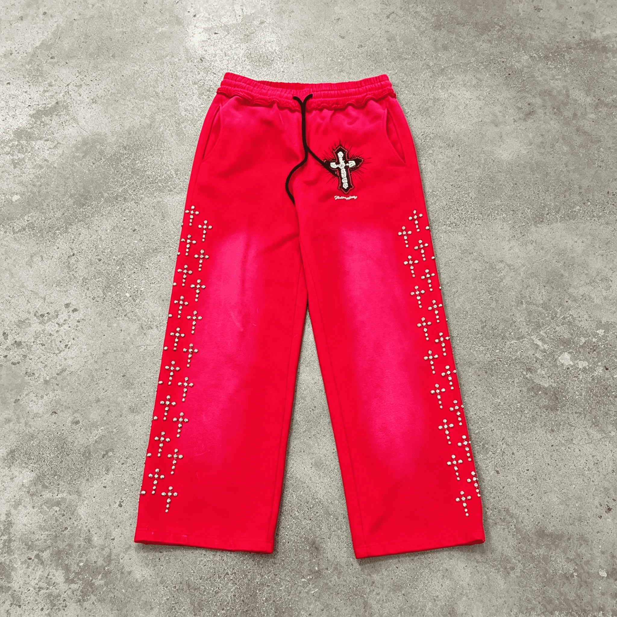 Wholesale Custom Logo Washed Zipper Hoodie Wide Leg Sweatpants Rhinestone Cross Streetwear Winter Fashion Men Tracksuit Set gallery 5